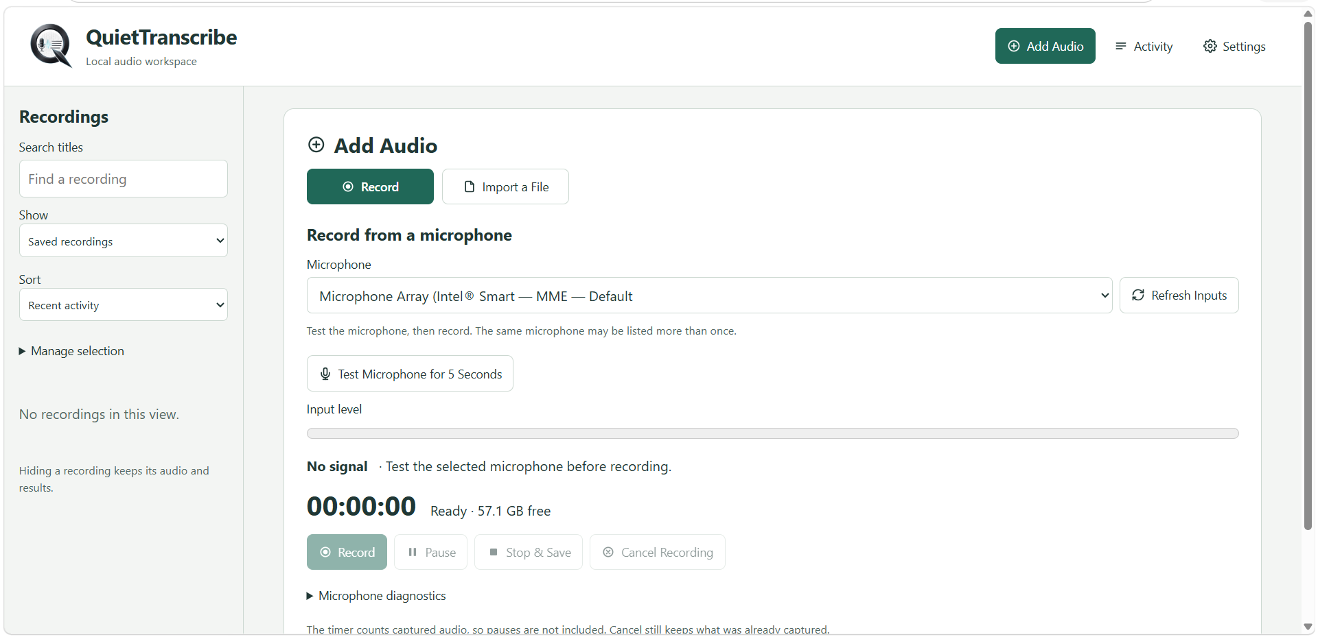 Add Audio screen showing microphone selection, a five-second test, input level, and recording controls.